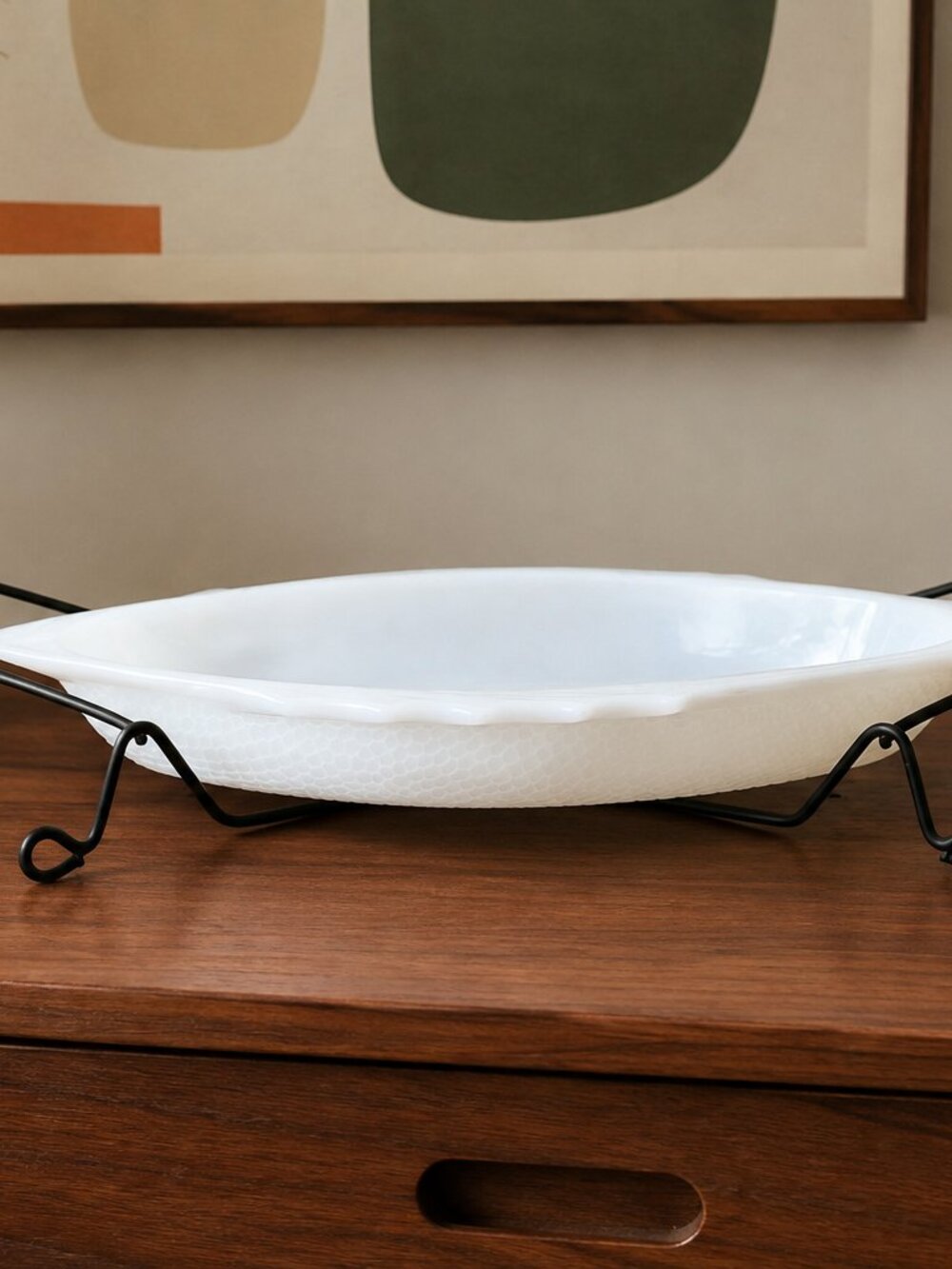 Vintage GlasBake Milk Glass White Fish Serving Dish With Iron Rack MCM